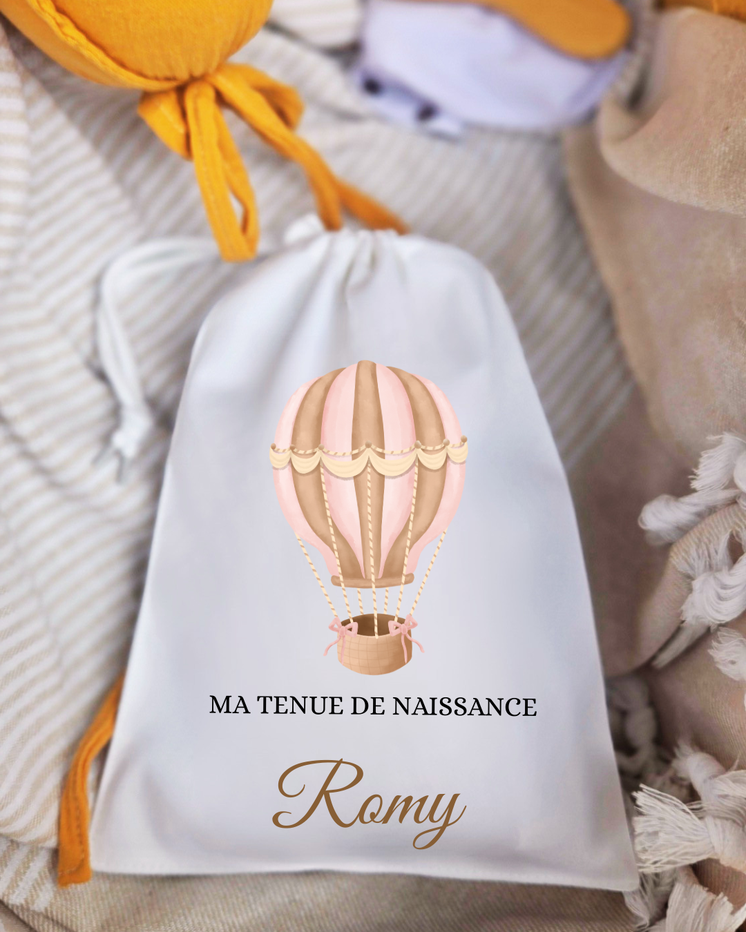 Pochon à cordon - Tenue de naissance Montgolfière beige