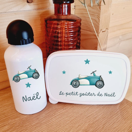 Kit boîte à goûter et gourde personnalisée - Voiture vintage