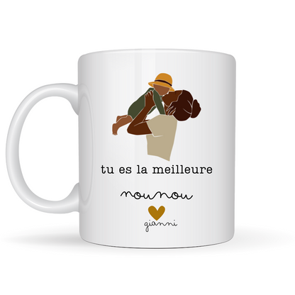 Mug "Tu es la Meilleure Nounou" présenté dans une boîte cadeau délicate ornée d’un ruban rose.