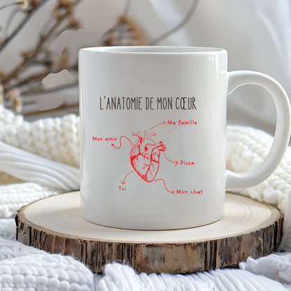 mug personnalisé avec l'anatomie de mon coeur, avec la listes des passions dans le coeur