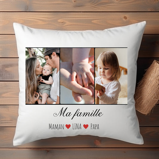 Coussin personnalisé photo famille avec texte et photo personnalisée.