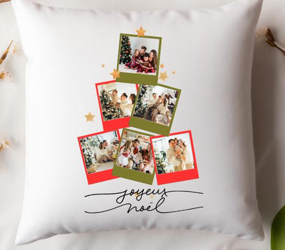 Coussin personnalisé Joyeux Noël avec motif sapin de photos.
