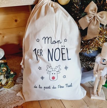  Hotte de Noël blanche personnalisée avec inscription Mon Premier Noël et prénom de bébé.
