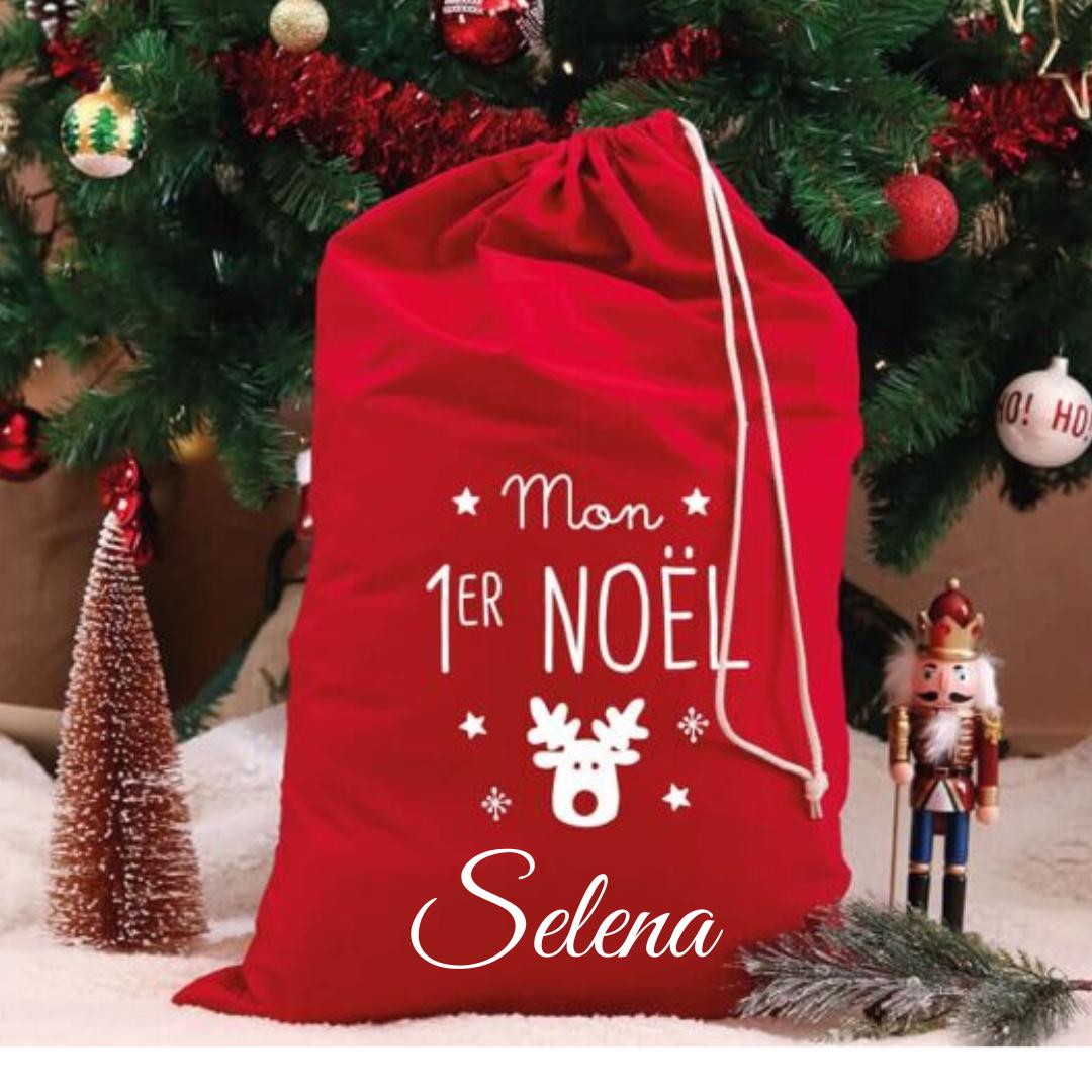  Hotte de Noël rouge personnalisée avec inscription Mon Premier Noël et prénom de bébé.
