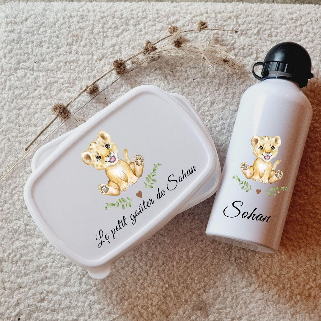 kit boite à gouter et gourde petit lionceau personnalisée avec prénom 