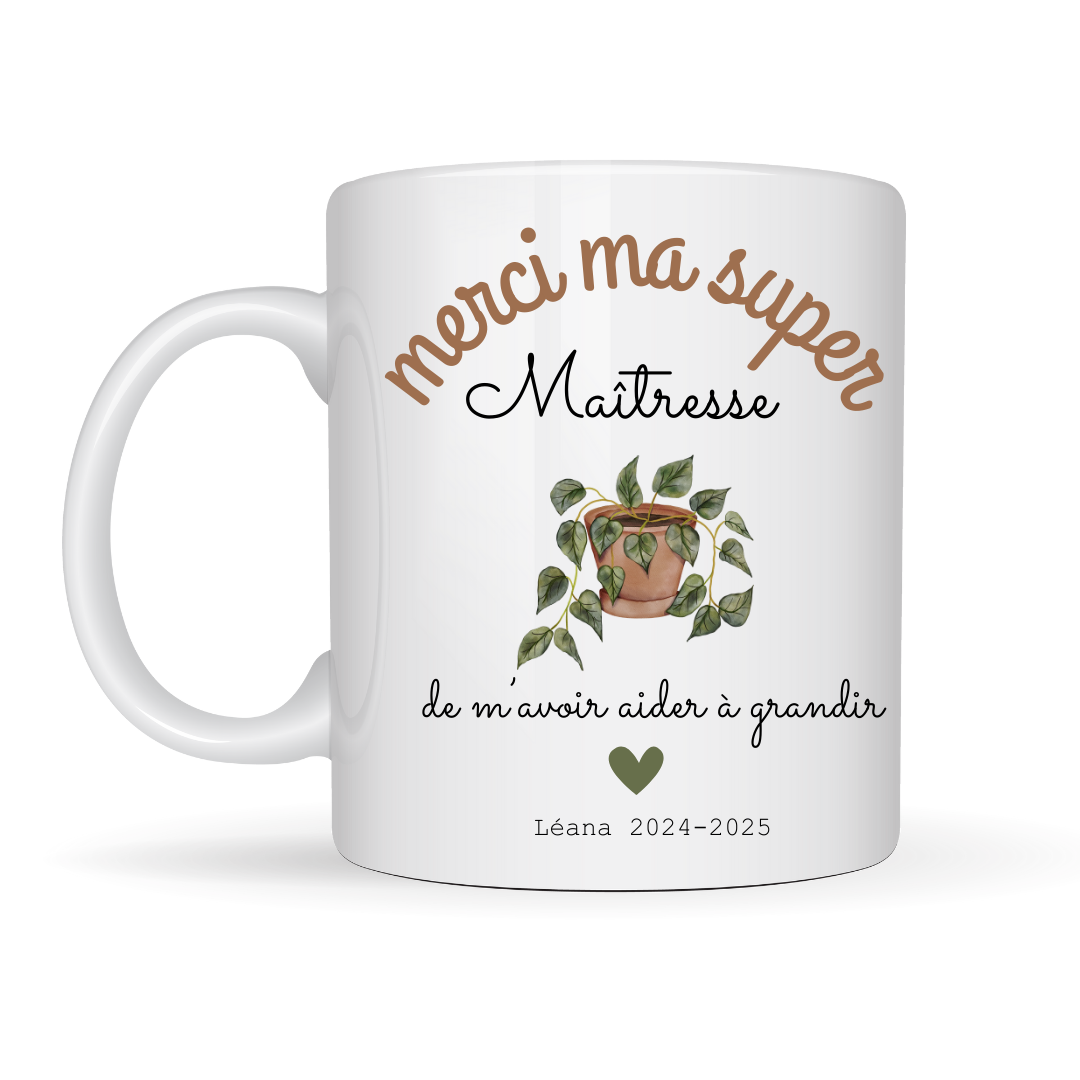 Mug "Merci Ma Super Maîtresse" dans une boîte cadeau personnalisée avec un espace pour écrire un petit mot.